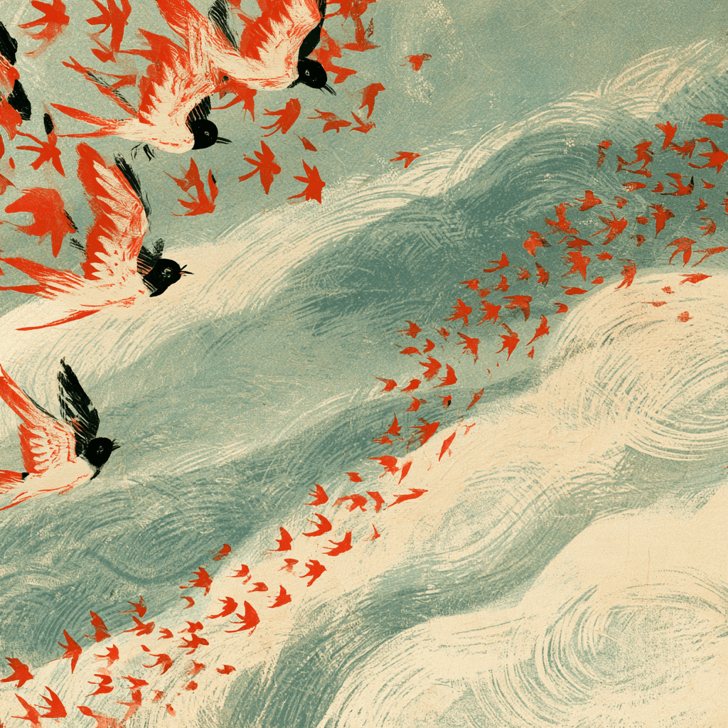 Illustration of a swarm of birds flying over clouds